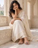 Adjustable oxidised toe-ring pair worn with an ivory saree