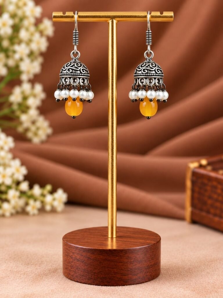 Yellow lightweight oxidised jhumki earrings