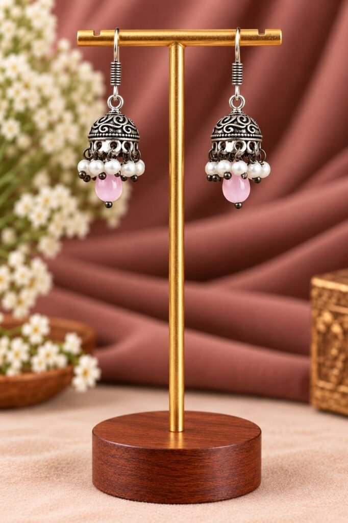 Baby pink lightweight oxidised jhumki earrings