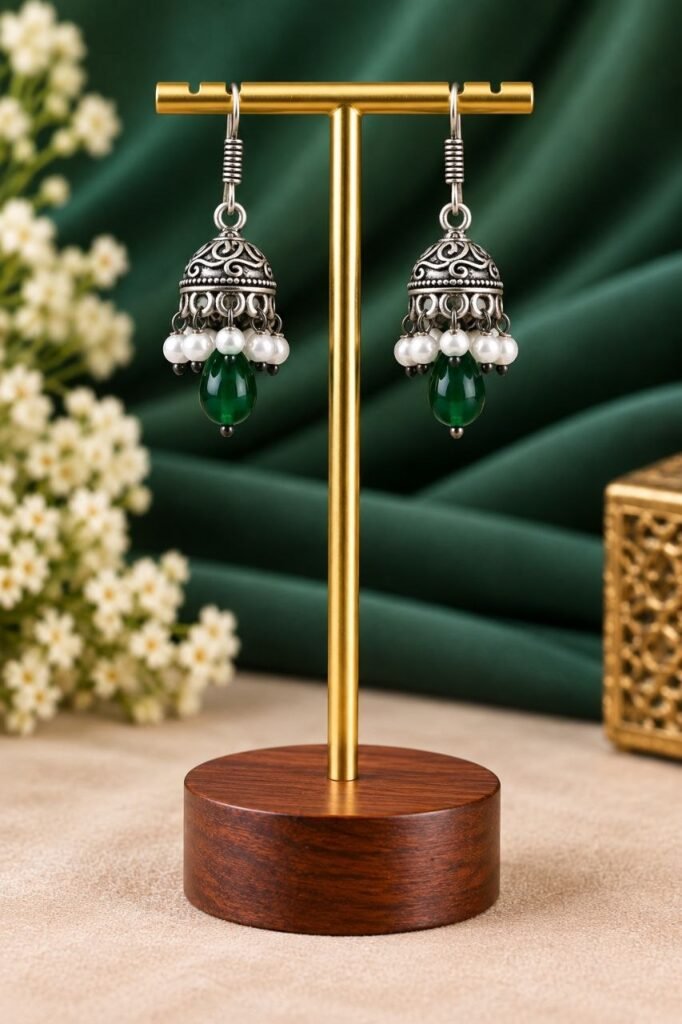 Green lightweight oxidised jhumki earrings