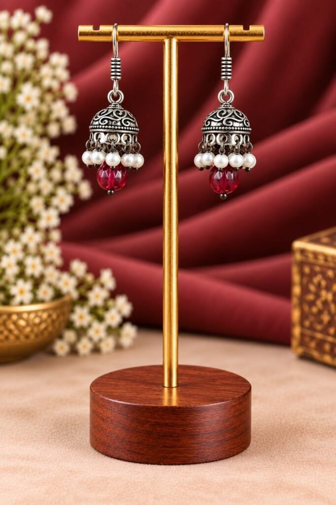 Red lightweight oxidised jhumki earrings
